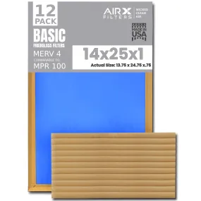 14x25x1 Air Filter Comparable to MPR 100 Basic Economy Furnace Filters, 12 Pack of Non Pleated Fiberglass Filter For Dust - Low Airflow Restriction! From AIRX FILTERS WICKED CLEAN AIR.