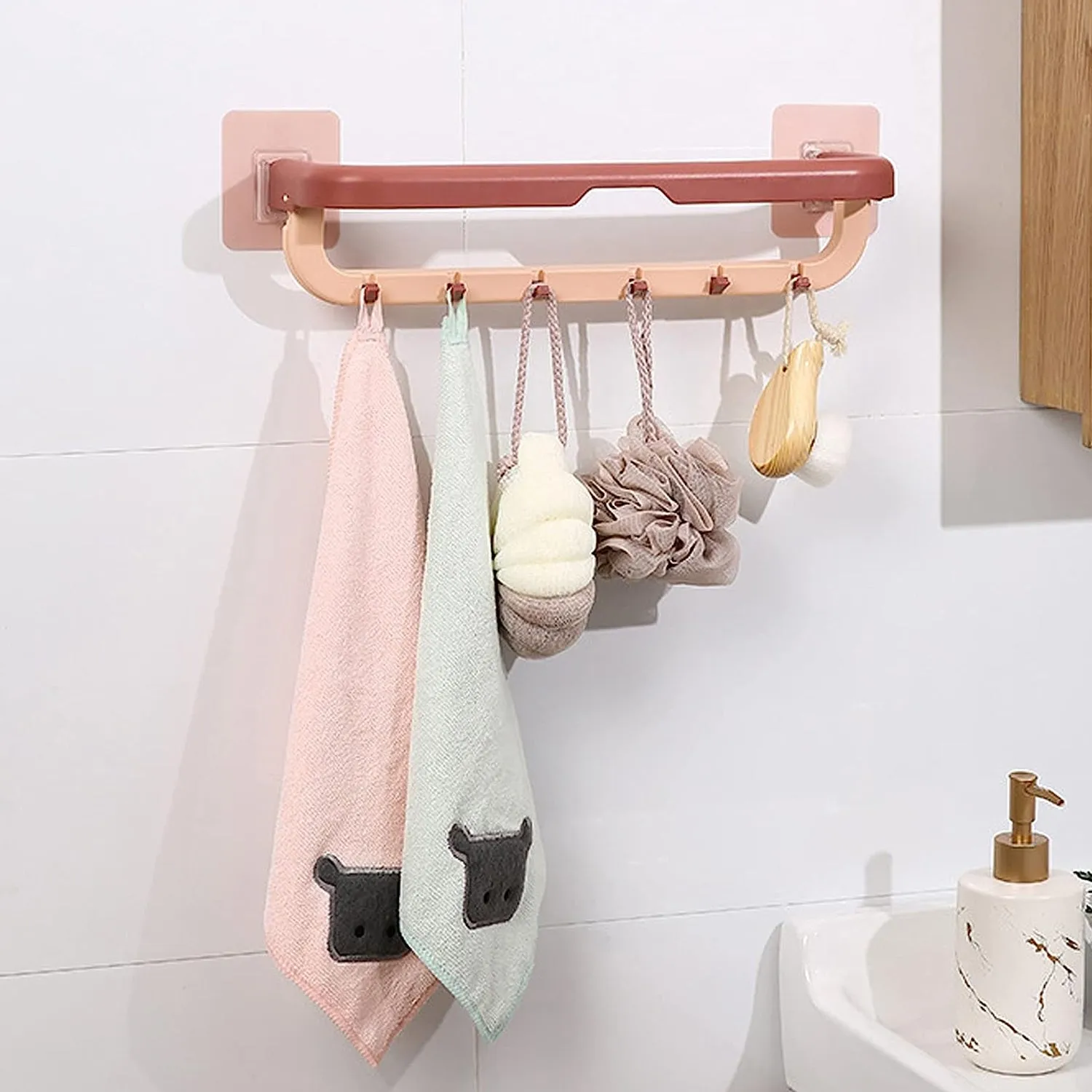 1515 Wall Mounted Double Bar Towel Holder with Hooks | Multifunctional Adjustable Towels Rack for Kitchen / Bathroom | Folding Towel Shelf