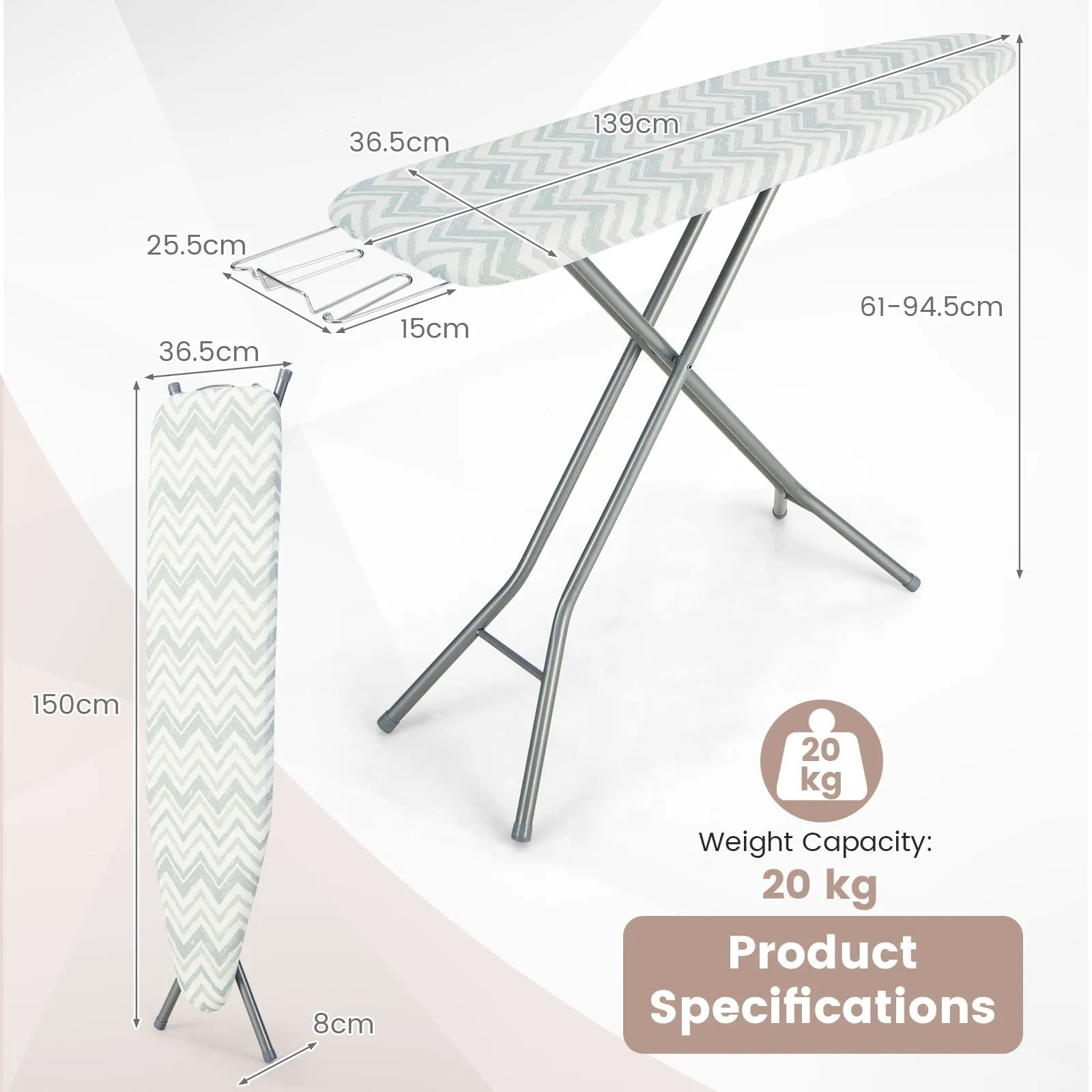 154 x 36cm Folding Ironing Board with Extra Cotton Cover-White