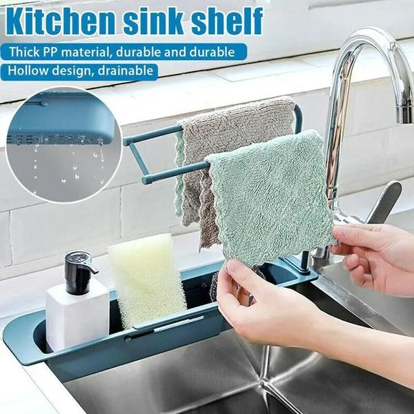 2307 Telescopic Adjustable Faucet Rack Dish Brushes Sponge Storage Shelves Sink Drain