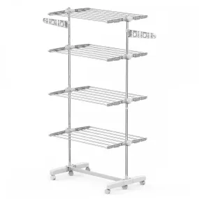 4 Layers Folding Cloth Hanger Stand Rail Adjustable Garment Rack W/Wheels-White/Silver