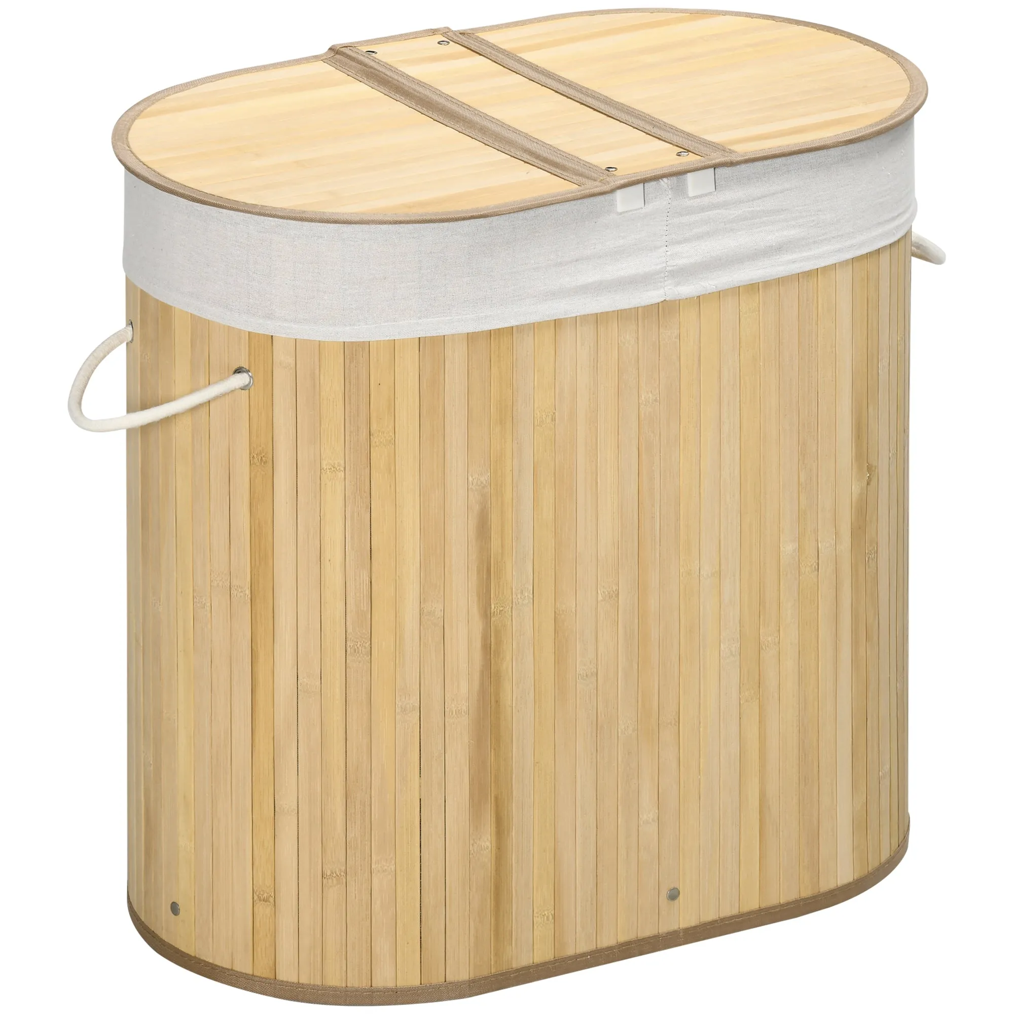 Bamboo Laundry Basket with Lid, 100 Litres Laundry Hamper with 2 Sections Removable Washable Lining Washing Baskets 62.5 x 37 x 60.5cm Natural