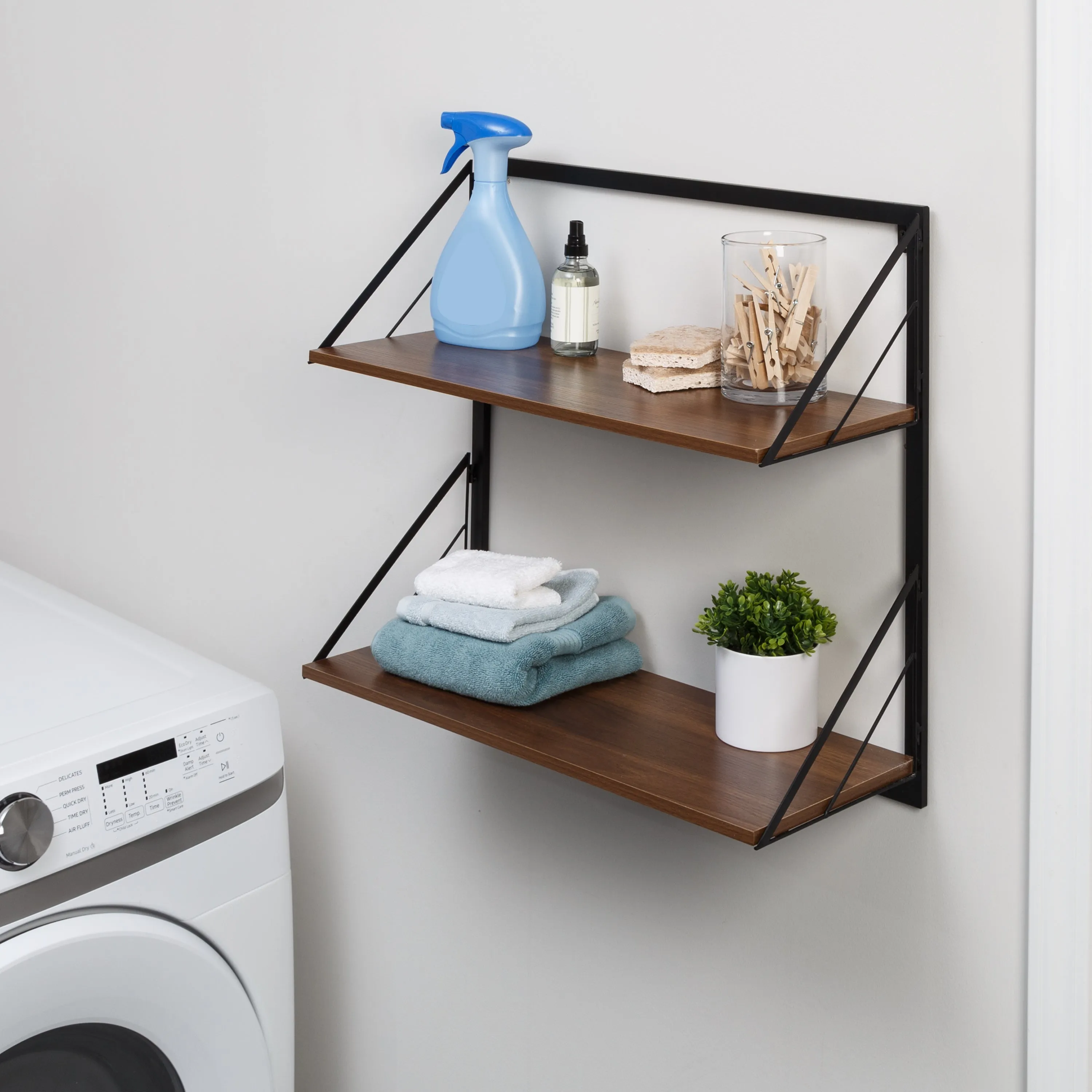 Black/Walnut Modern 2-Tier Wall Shelf with Easy to Hang Design