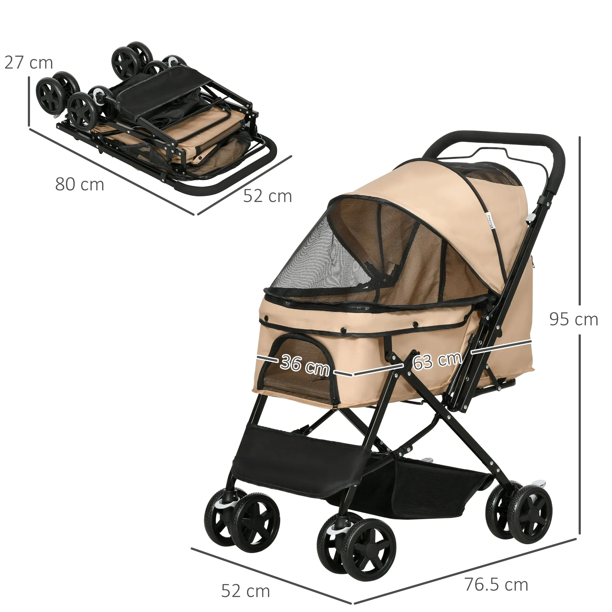 Pet Stroller Dog Cat Travel Pushchair Foldable Jogger with Reversible Handle EVA Wheel Brake Basket Adjustable Canopy Safety Leash for Small Dogs, Brown