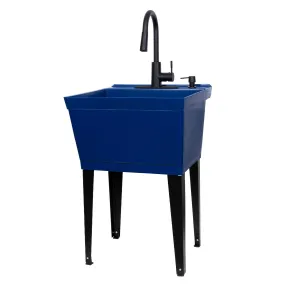 Tehila Standard Freestanding Blue Utility Sink with Black Finish High-Arc Pull-Down Faucet and Soap Dispenser