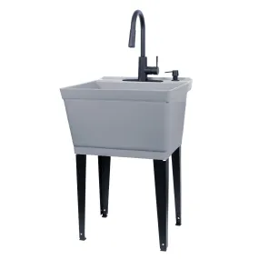 Tehila Standard Freestanding Grey Utility Sink with Black Finish High-Arc Pull-Down Faucet and Soap Dispenser