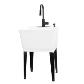 Tehila Standard Freestanding White Utility Sink with Black Finish High-Arc Pull-Down Faucet and Soap Dispenser